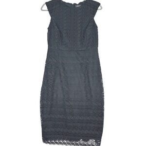 Tahari Black Lace Sheath Dress 4 Cap Sleeve Cocktail Midi Wedding Guest Party